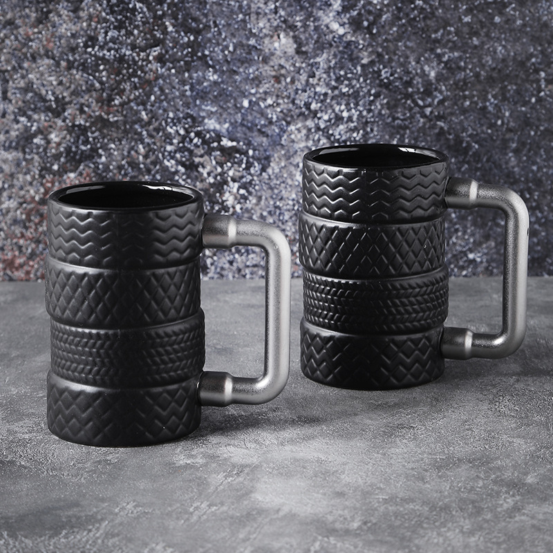 Cross-Border Large Capacity Ceramic Cup Tire Modeling Solid Color Mug Black Business Office Water  Coffee Cup  Customized