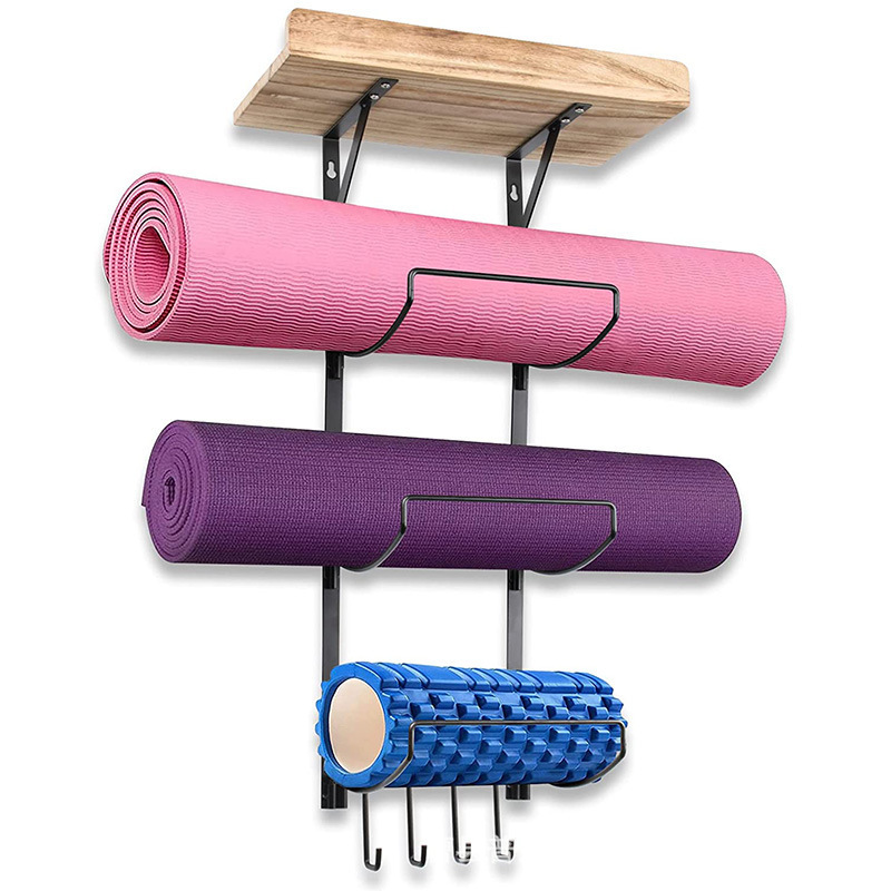 America market Wall Mount Yoga Mat Holder Wood Gym Accessories Floating Shelf Organizer Storage