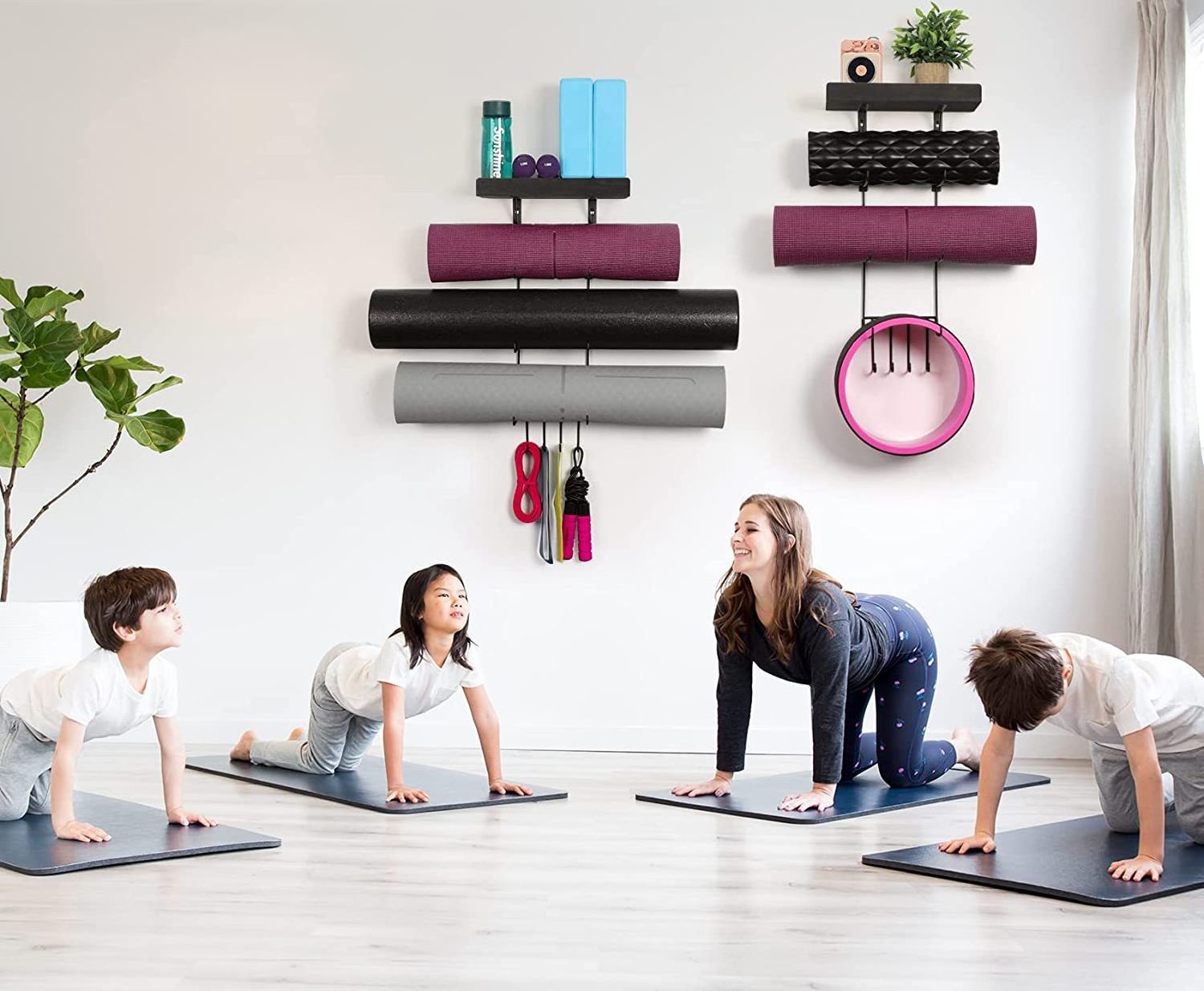 America market Wall Mount Yoga Mat Holder Wood Gym Accessories Floating Shelf Organizer Storage