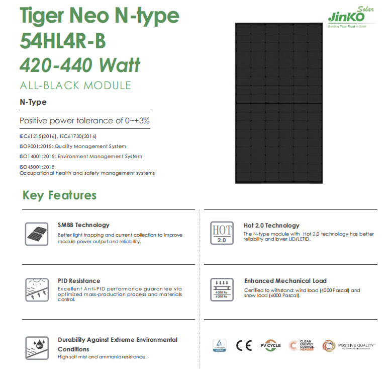 Jinko Tiger Neo N-Type 54HL4R-B All Black Solar Power Panel 420w 425w 430w 435w 440w N type Topcon jinko Solar Panel full Black