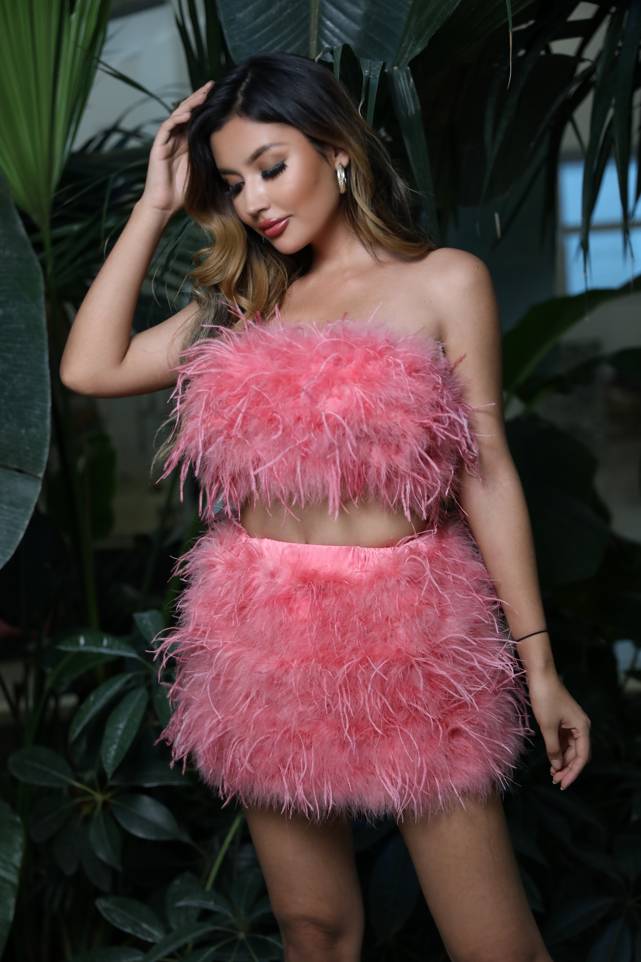 Summer Tube Tops Pure Color Fur Strapless Camisole Women Sexy Ostrich Feather Skirt