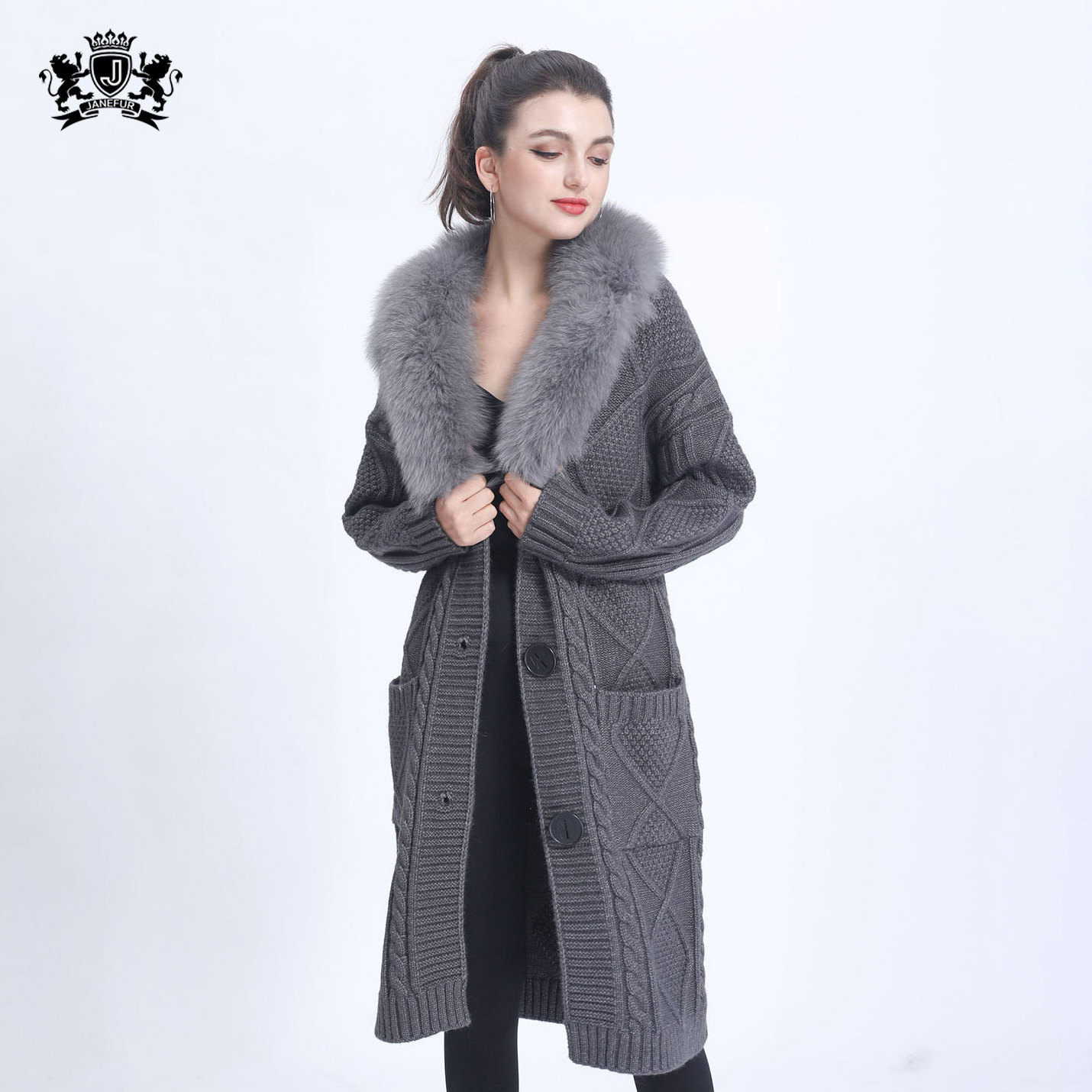 Janefur Autumn Winter Wool Cashmere Knitted Coat Fashion Women Cardigan Sweater With Fur Collar