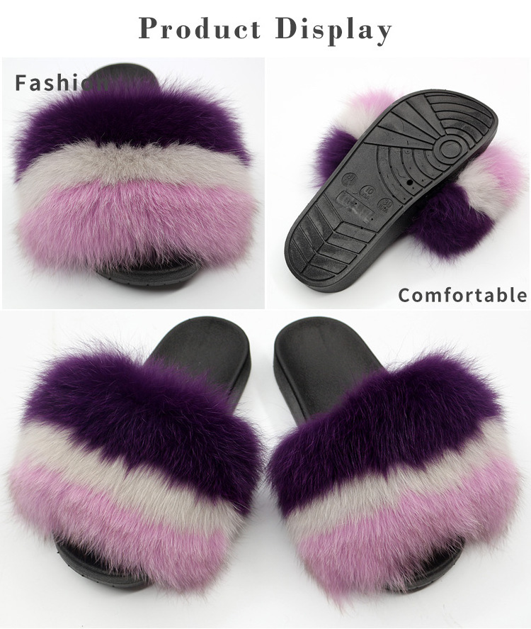 New Arrivals Woman Fur Slippers Big Fluffy Furry Slides Raccoon Fox Fur Slides