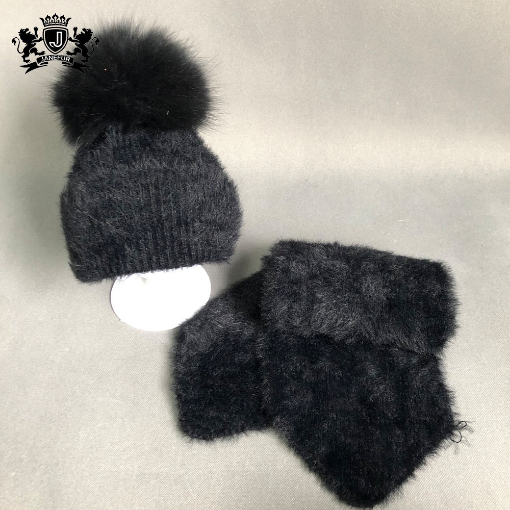 Wholesale High Quality  Mink Cashmere Baby Winter Hat And Scarf Set with Raccoon Fur Ball