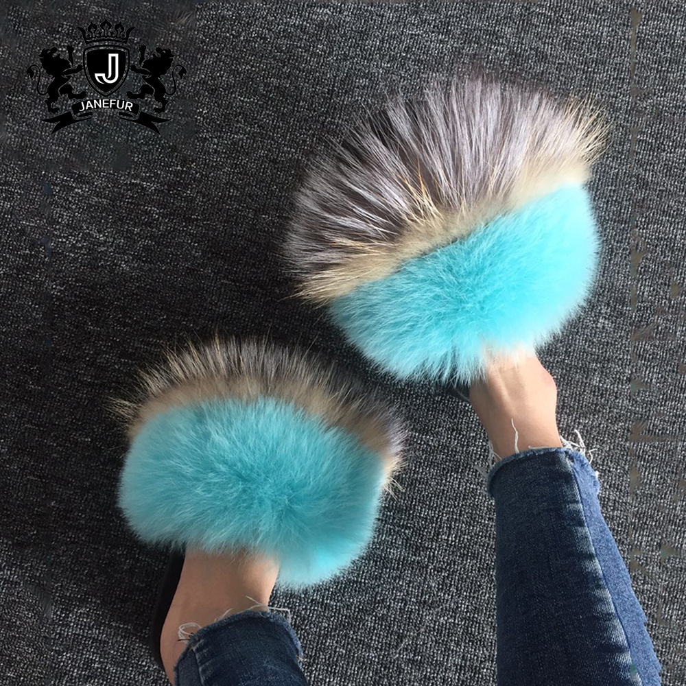 New Arrivals Woman Fur Slippers Big Fluffy Furry Slides Raccoon Fox Fur Slides