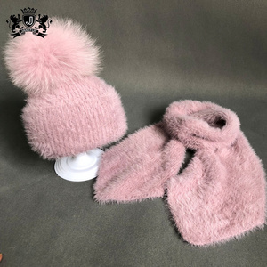 Wholesale High Quality  Mink Cashmere Baby Winter Hat And Scarf Set with Raccoon Fur Ball