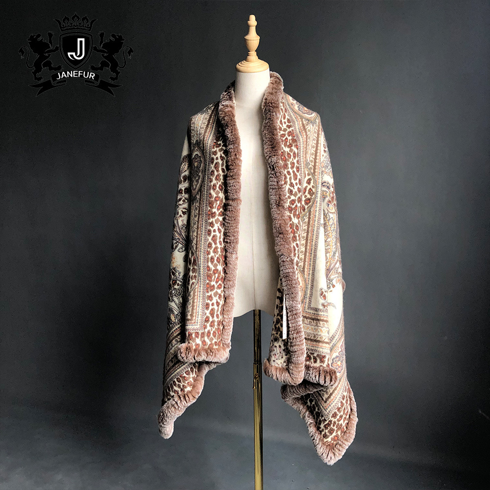 New Fashion pure cashmere shawls rabbit fur trim pashmina printed shawl for girls