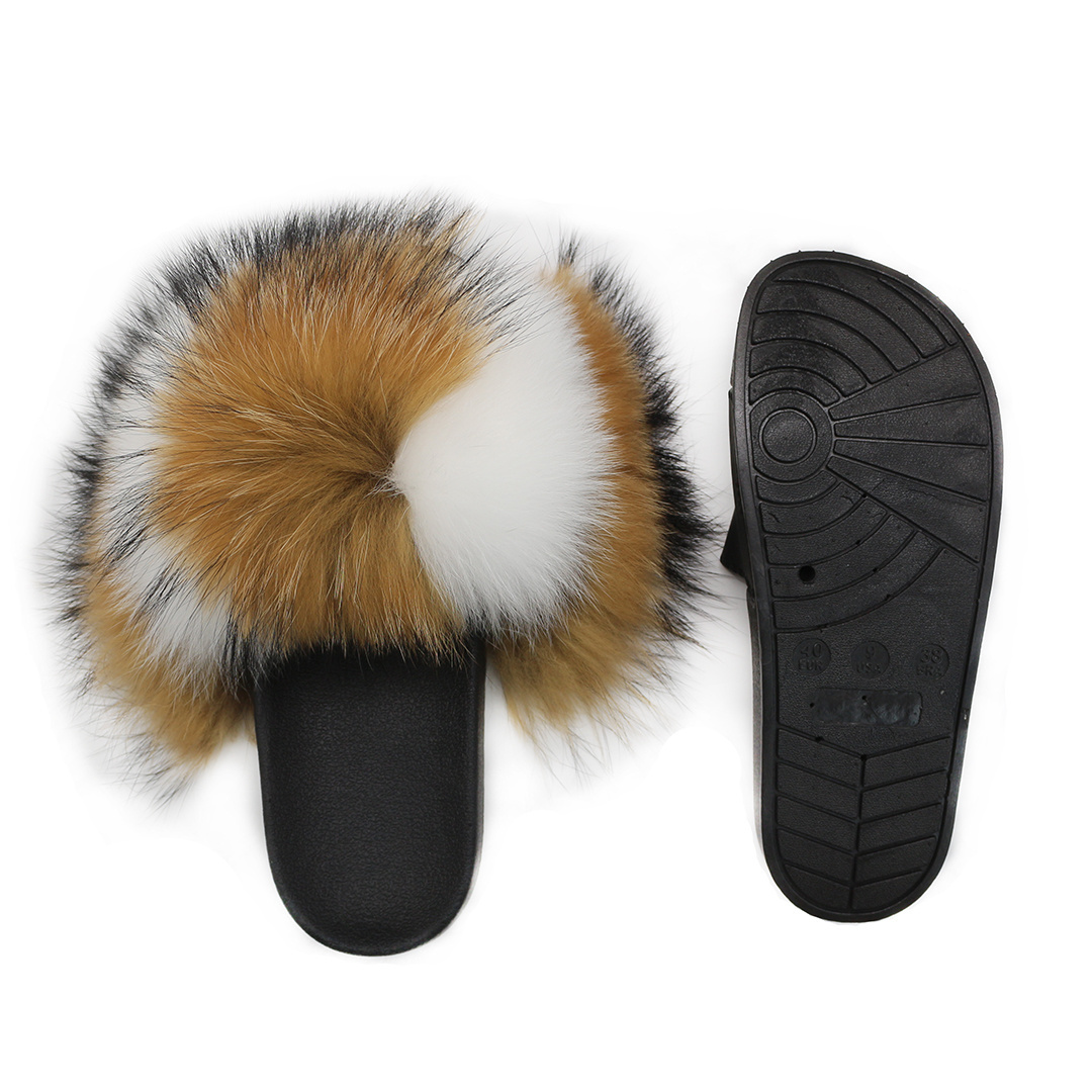 New Arrivals Woman Fur Slippers Big Fluffy Furry Slides Raccoon Fox Fur Slides