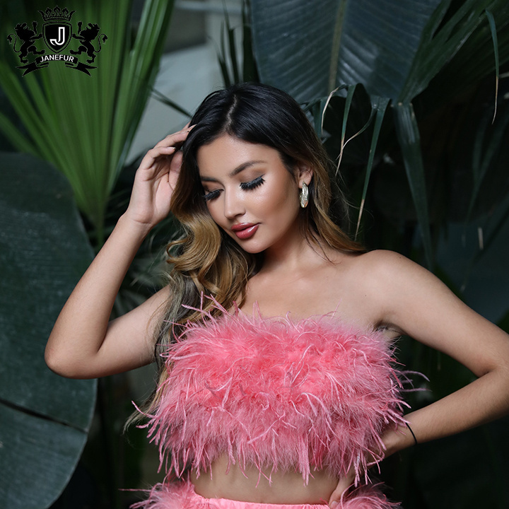 Summer Tube Tops Pure Color Fur Strapless Camisole Women Sexy Ostrich Feather Skirt