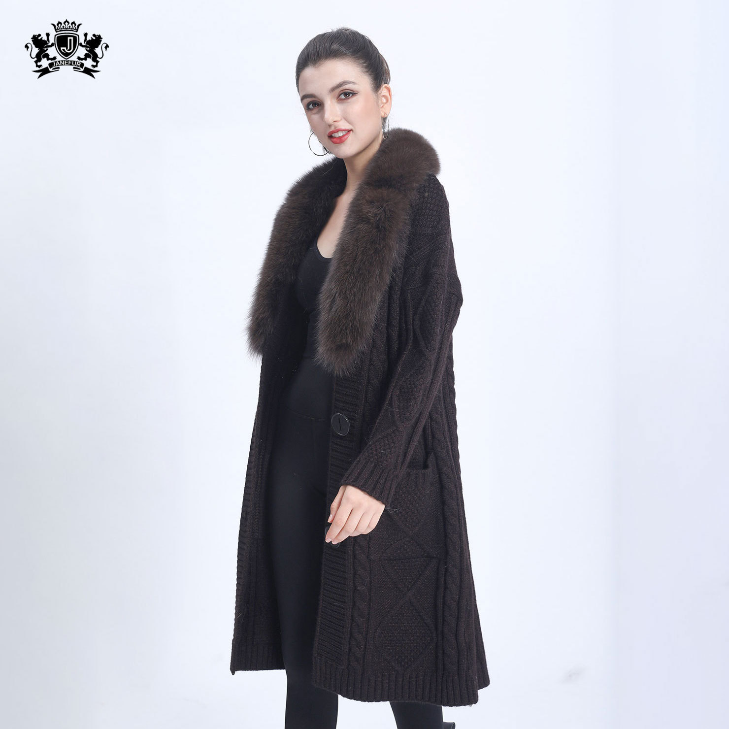 Janefur Autumn Winter Wool Cashmere Knitted Coat Fashion Women Cardigan Sweater With Fur Collar