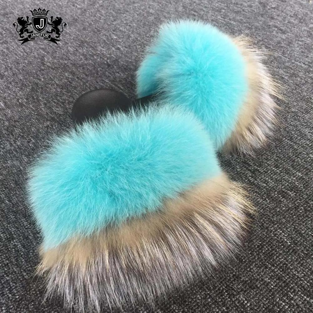 New Arrivals Woman Fur Slippers Big Fluffy Furry Slides Raccoon Fox Fur Slides