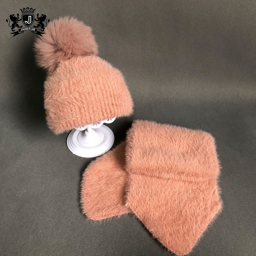 Wholesale High Quality  Mink Cashmere Baby Winter Hat And Scarf Set with Raccoon Fur Ball