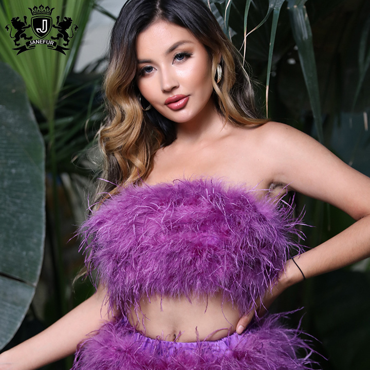 Summer Tube Tops Pure Color Fur Strapless Camisole Women Sexy Ostrich Feather Skirt