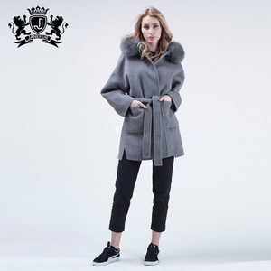 Fox fur collar mid long women winter coats alpaca overcoat belted winter lady wool jacket