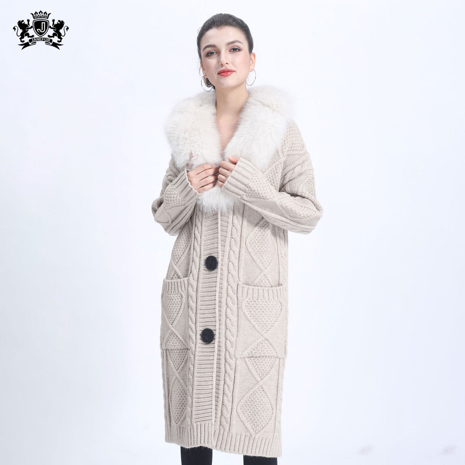 Janefur Autumn Winter Wool Cashmere Knitted Coat Fashion Women Cardigan Sweater With Fur Collar