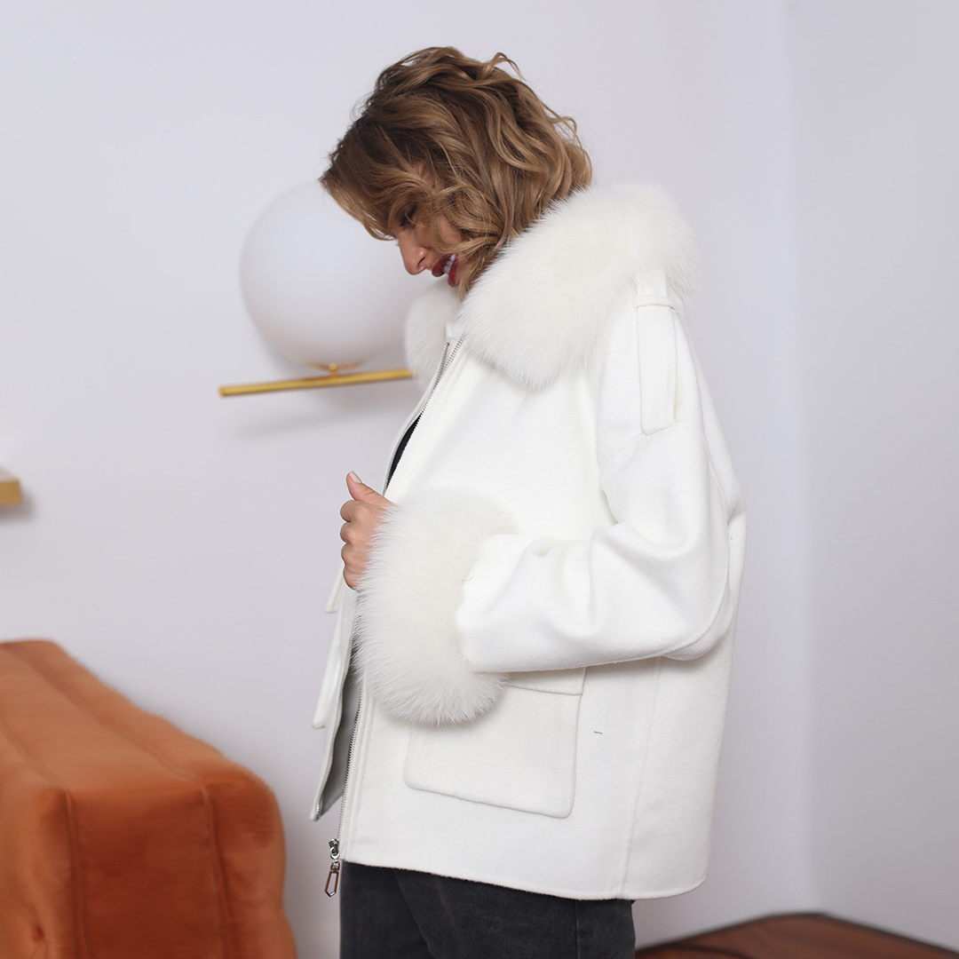 New design pocket blazer trench design fox fur trim blender white wool cashmere coat with fur