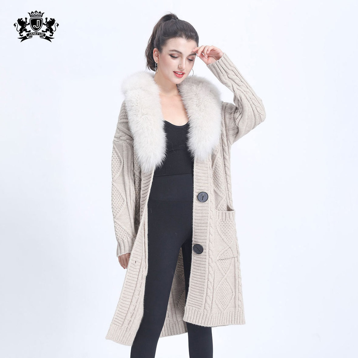 Janefur Autumn Winter Wool Cashmere Knitted Coat Fashion Women Cardigan Sweater With Fur Collar