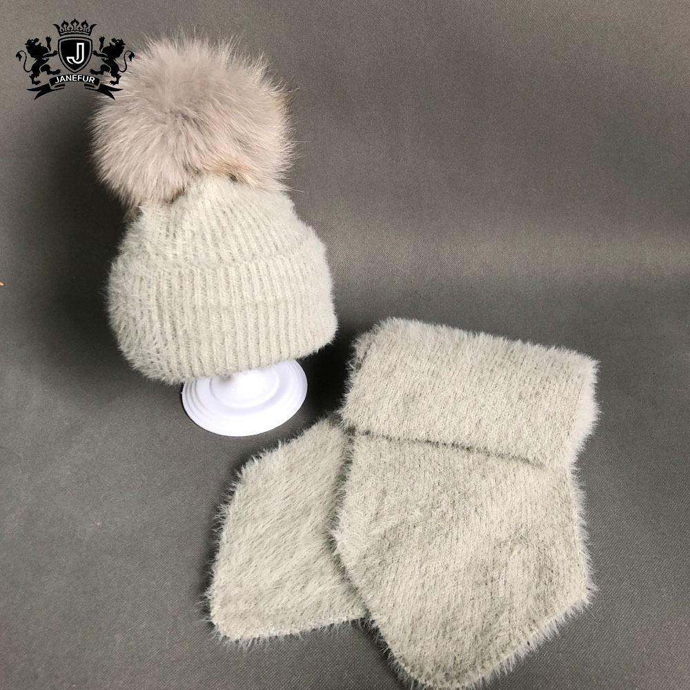 Wholesale High Quality  Mink Cashmere Baby Winter Hat And Scarf Set with Raccoon Fur Ball