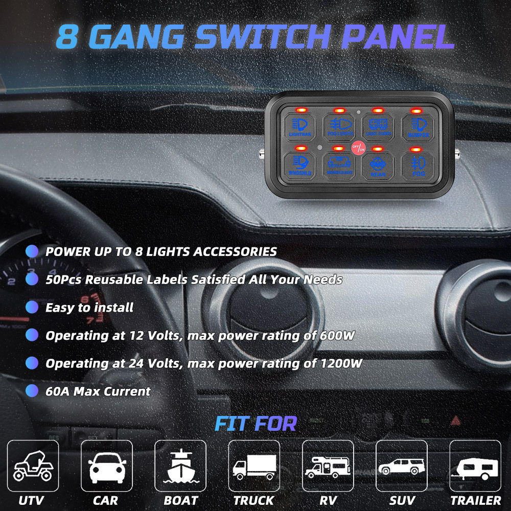 Car Truck 4X4 Aux Light Blue Green Backlip 8 Gang Switch Panel with Circuit Control Box