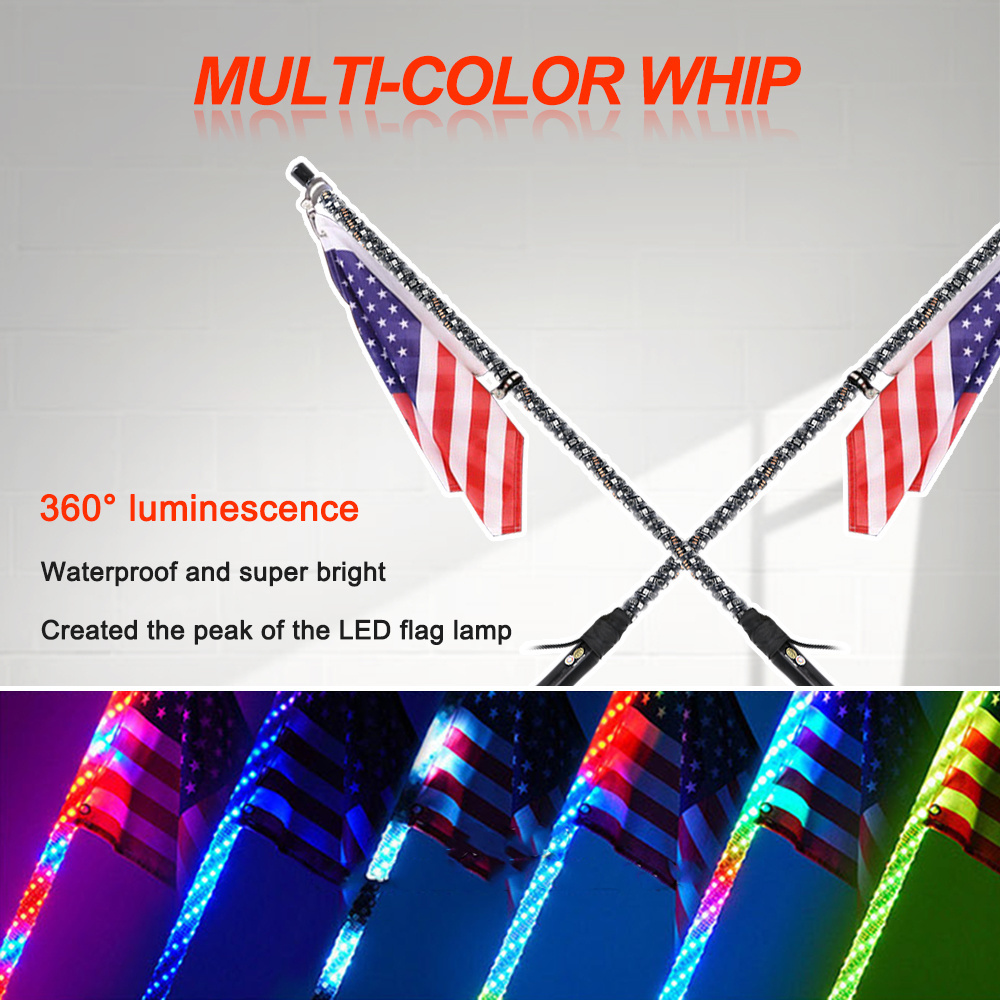 ATV UTV RZR Multicolor Gorillawhips RGB Antenna Led Buggy Whip, Color Change Fiberglass 12V 3ft 4ft Mount Led Flag Pole