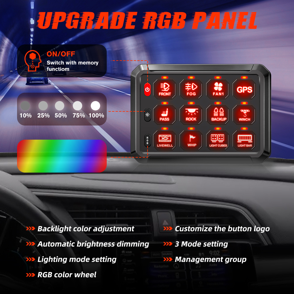 APP Control Marine Boat Automotive ON-Off RGB Dimming 12 Gang Switch Panel 12V 24V With Circuit Control Box for Offroad Light