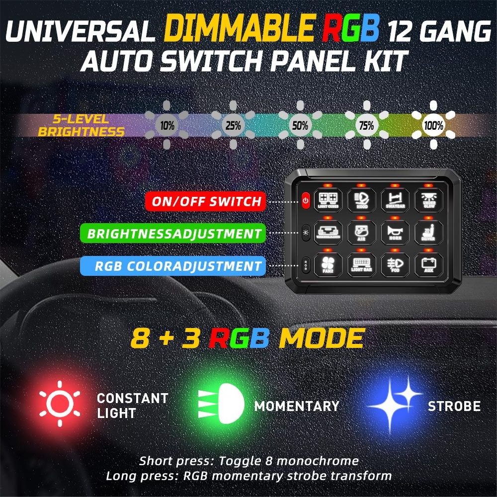 Universal Aux Automotive Off Road Lights 4x4 12V 24V Dimmable RGB 12 Gang LED Switch Panel With Circuit Control Box For Truck