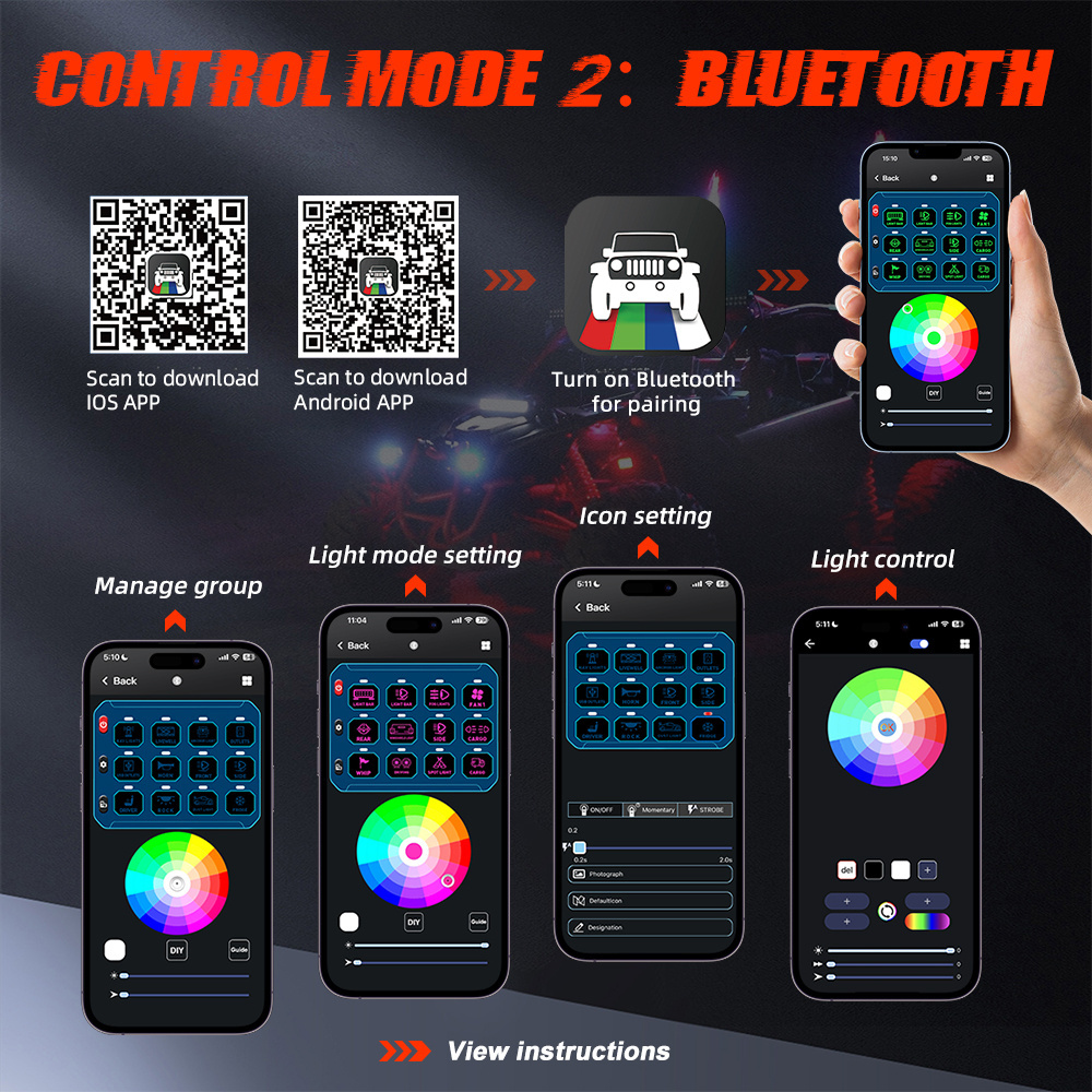 APP Control Marine Boat Automotive ON-Off RGB Dimming 12 Gang Switch Panel 12V 24V With Circuit Control Box for Offroad Light