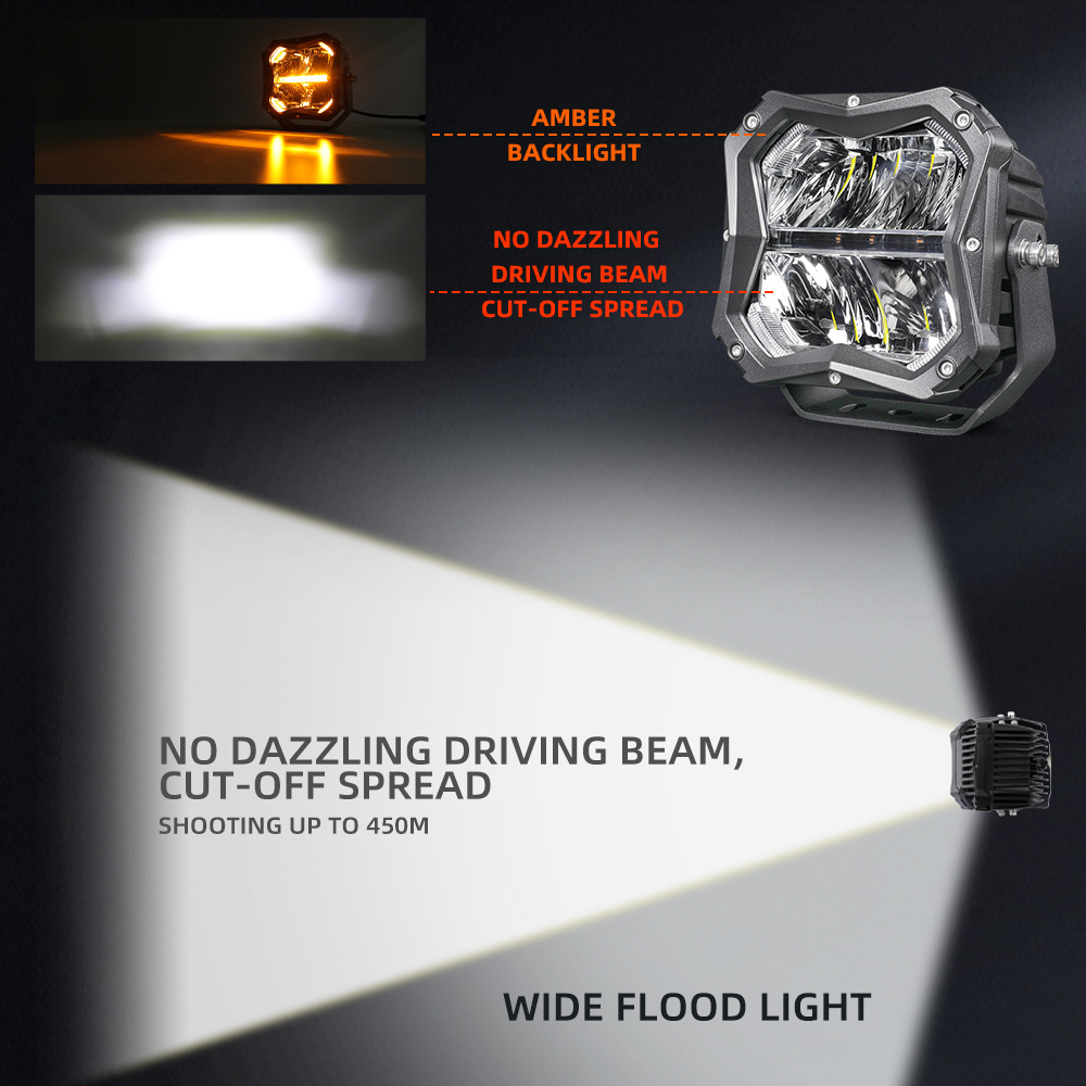 Super Bright Square Cube Off Road Lights with Amber Backlight 5 Inch Led Pods For Trucks