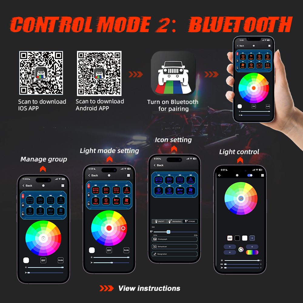 APP Control Automotive Aux ON-Off Dimming RGB 8 Gang Switch Panel 12V 24V With Circuit Control Box for Off road Light