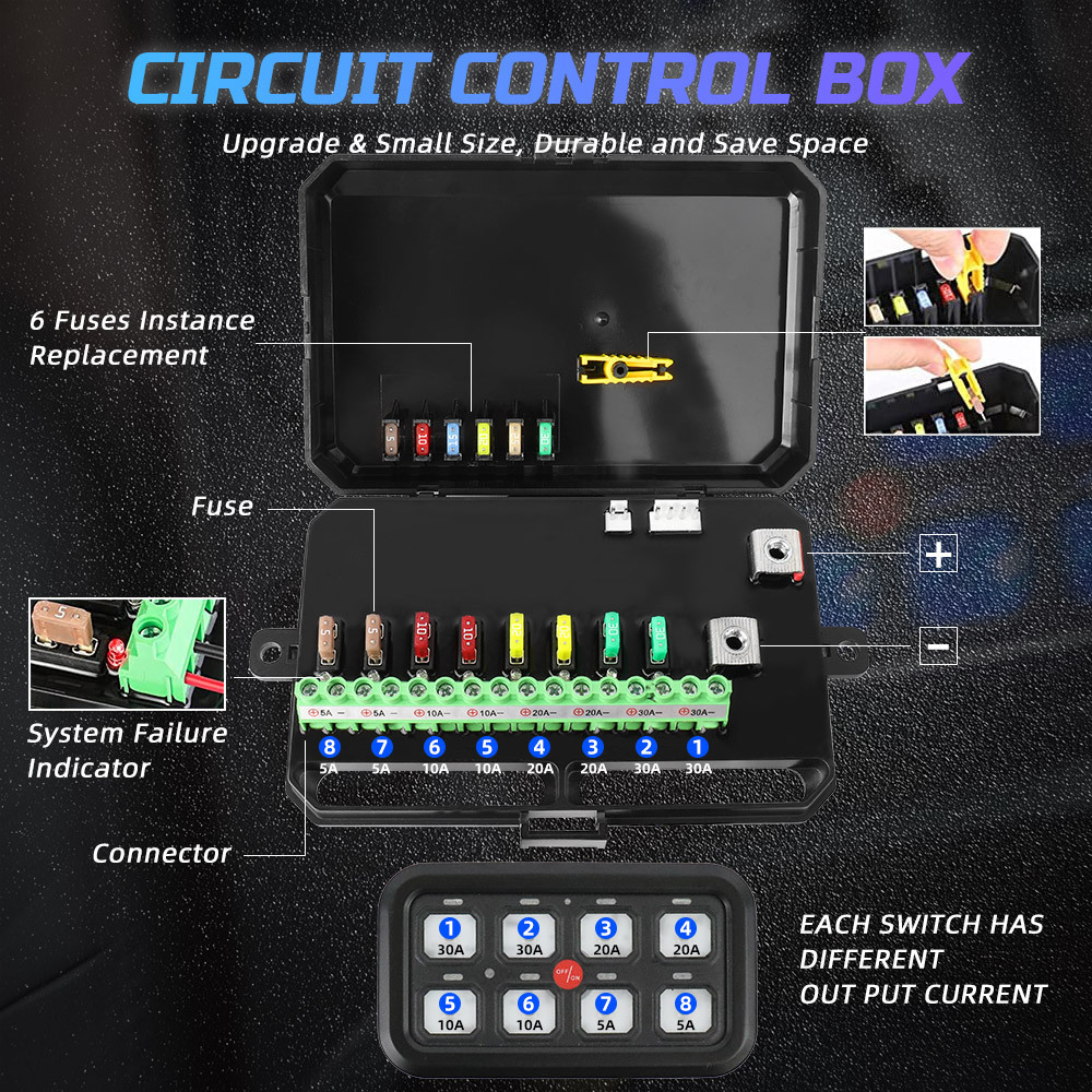 Car Truck 4X4 Aux Light Blue Green Backlip 8 Gang Switch Panel with Circuit Control Box