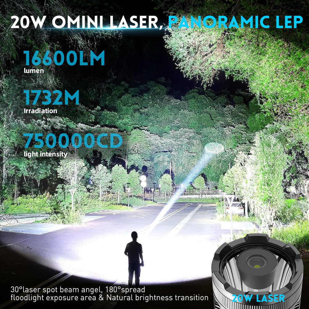 Newest 20W Super Bright Waterproof IP67 Tactical Outdoor Searchlight LEP Rechargeable Laser Flashlight 2KM