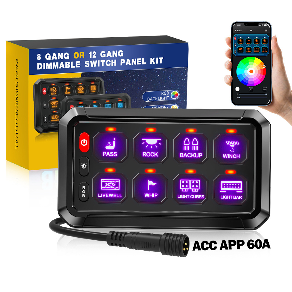 APP Control Automotive Aux ON-Off Dimming RGB 8 Gang Switch Panel 12V 24V With Circuit Control Box for Off road Light