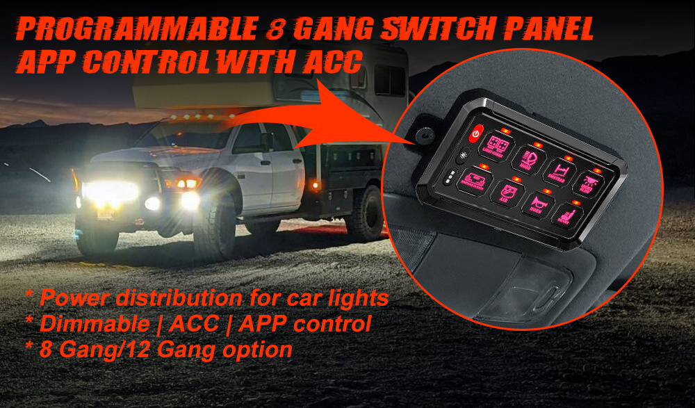 APP Control Automotive Aux ON-Off Dimming RGB 8 Gang Switch Panel 12V 24V With Circuit Control Box for Off road Light