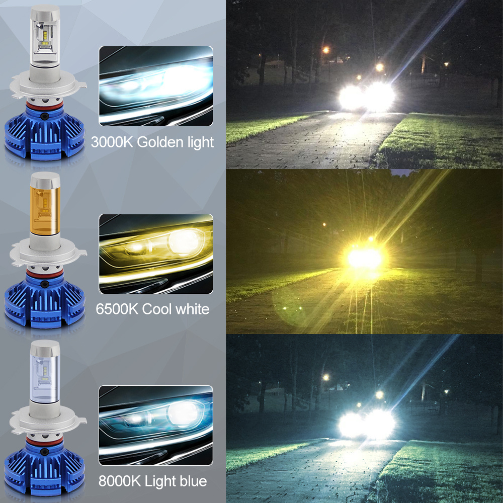 2021 new arrival 3 colors changing 3500K 6500K led H7 H4,50w 10000 Lumen 9005 9006 X3  Led Headlight Bulb h7 h4 Led Headlights