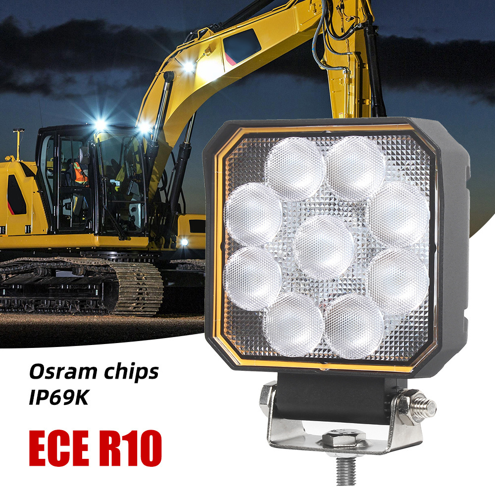 Overheat Protect 27w 48w Led Work Lamp R10 ECE 4.5 Inch 20 Watt 24V 12V Flood Excavator Tractor 16 Led Work Light 9 Led Square