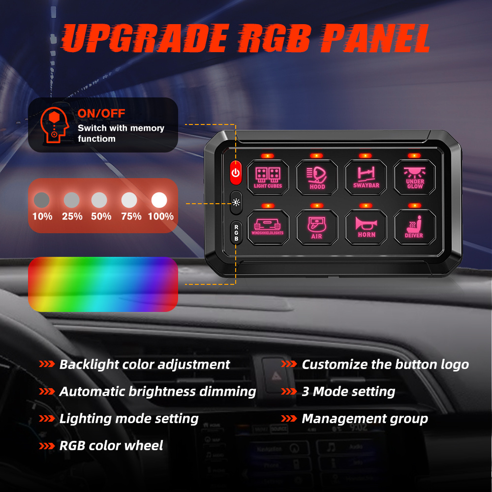 APP Control Automotive Aux ON-Off Dimming RGB 8 Gang Switch Panel 12V 24V With Circuit Control Box for Off road Light