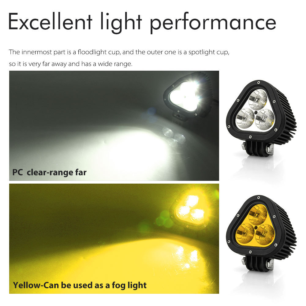 White Yellow Triangle 4 Inch 12V Led Fog Driving Lights, 45W SUV Offroad Tractor 4WD 12 24 Volt Led Work Light Triangle