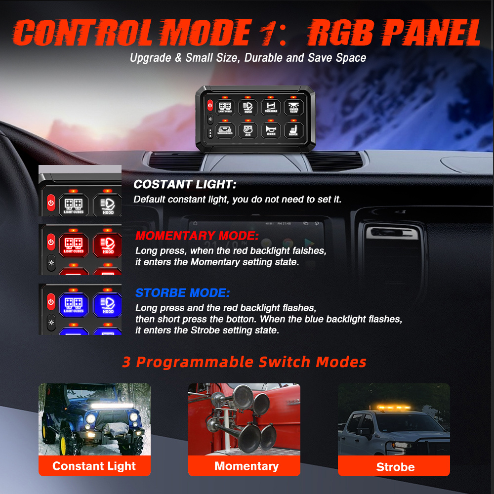 APP Control Automotive Aux ON-Off Dimming RGB 8 Gang Switch Panel 12V 24V With Circuit Control Box for Off road Light