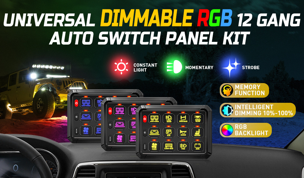 Universal Aux Automotive Off Road Lights 4x4 12V 24V Dimmable RGB 12 Gang LED Switch Panel With Circuit Control Box For Truck