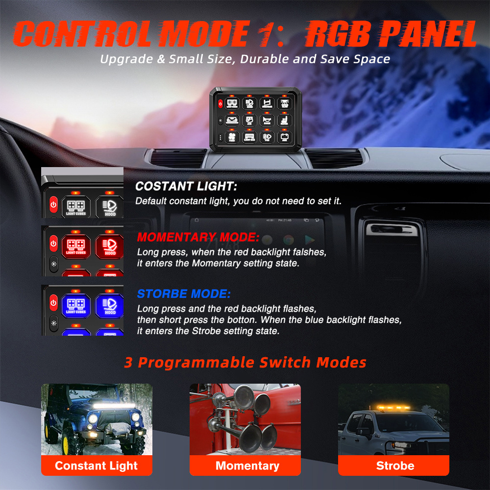 APP Control Marine Boat Automotive ON-Off RGB Dimming 12 Gang Switch Panel 12V 24V With Circuit Control Box for Offroad Light