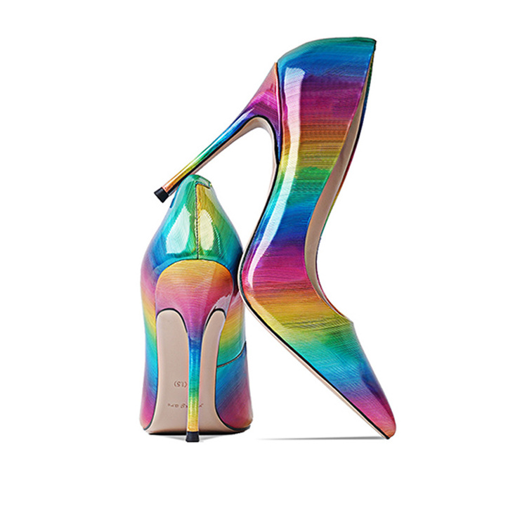 New product high heel stiletto Heels party custom rainbow shiny leather heels sexy bride wedding shoes