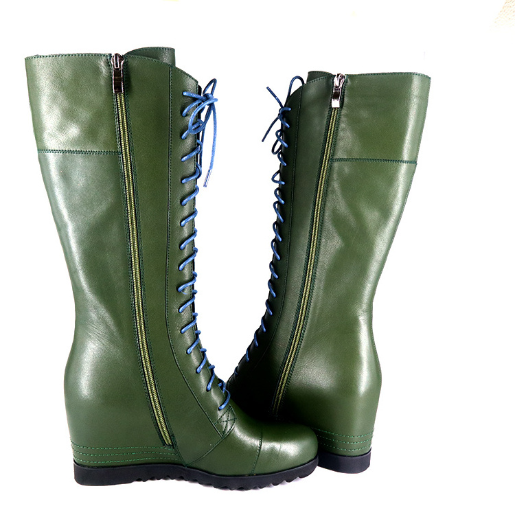 Wedge Boots Women Designer Winter Shoes Boot High Heel Wedge Green Lace up Lady Mid Calf Boots