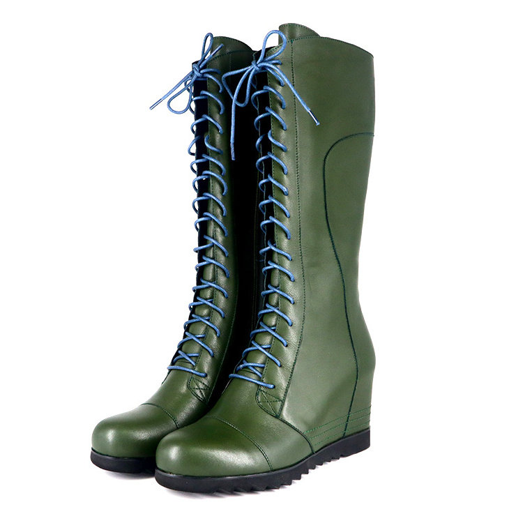 Wedge Boots Women Designer Winter Shoes Boot High Heel Wedge Green Lace up Lady Mid Calf Boots