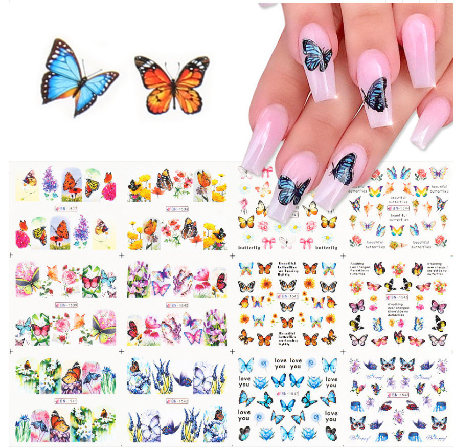 Art Manicure Stickers Blue Black Decals Spring Theme Flowers Nail Decoration Manicure Holographic Butterflies Nails Sticker