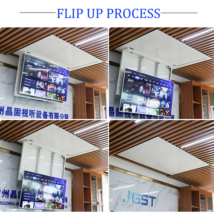 JGST Customized Motorized Ceiling Hidden flip down TV lift mount hanger with wireless remote drop down TV lift for 32-86 inch