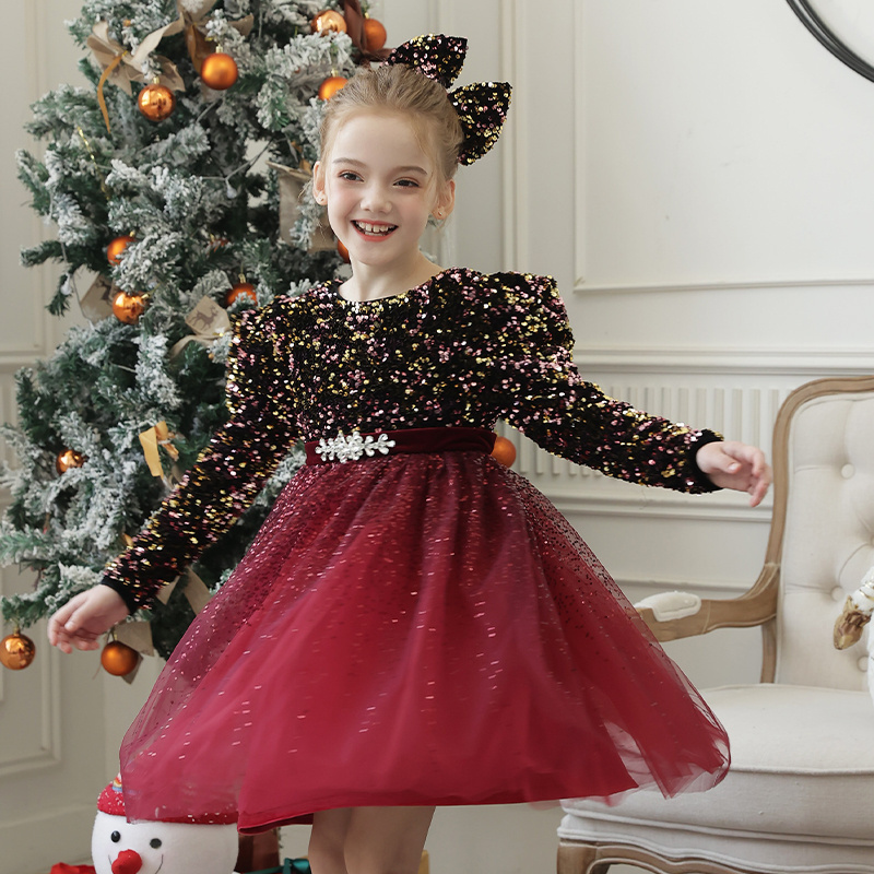 New round neck sequin dress Girl Party dress Beautiful baby girl dance show red dress ball gown for kids