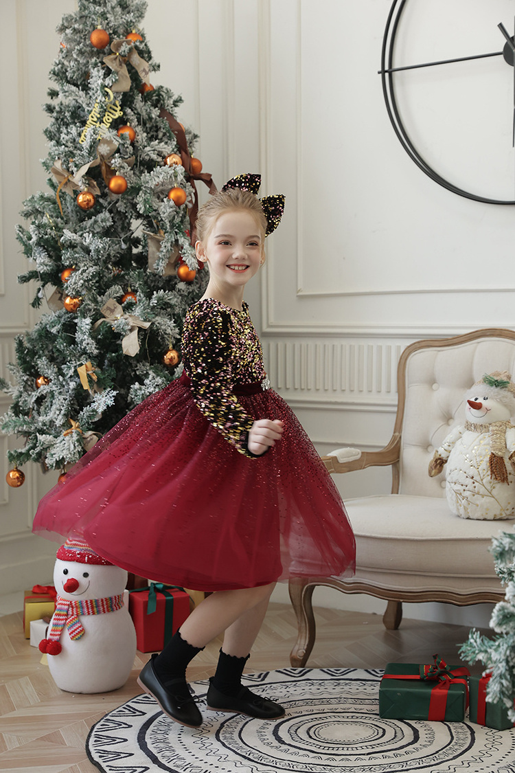 New round neck sequin dress Girl Party dress Beautiful baby girl dance show red dress ball gown for kids