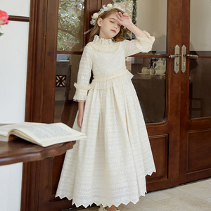 Children Christening Celebration Long Ball Gown Kids Beige Lace Tween Junior Party Holy First Communion Baptism Dress For Girl