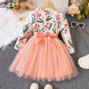 Children's clothing daily wear spring long sleeves floral print cotton top baby toddlers tulle knee length casual kids dresses