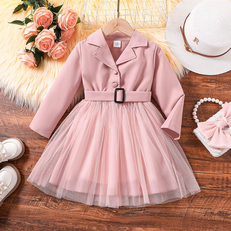 children's clothing new autumn fashionable V-neck long sleeved patchwork tulle princess dress girl's outfit for spring